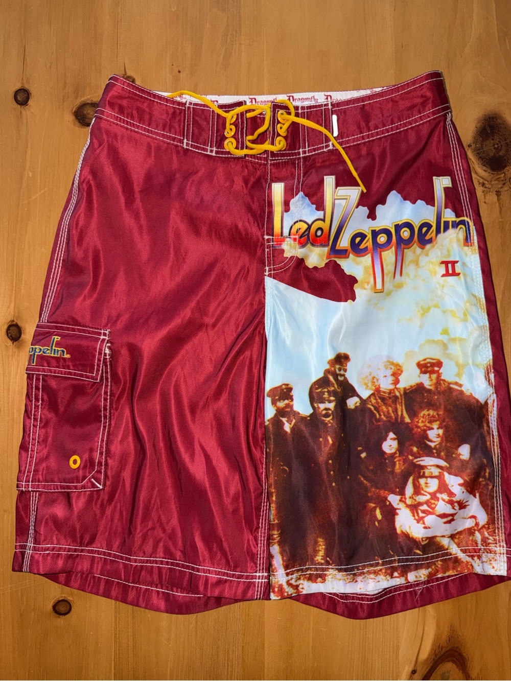 Vtg Dragonfly Clothing LedZeppelin Board Shorts Swim Trunk Burgundy Red Size 32M